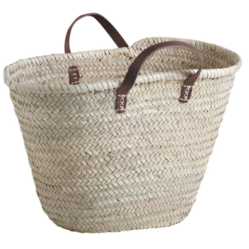 Panier couffin en palmier naturel tressé, avec poignées en cuir, longueur 50 cm, idéal pour le marché.