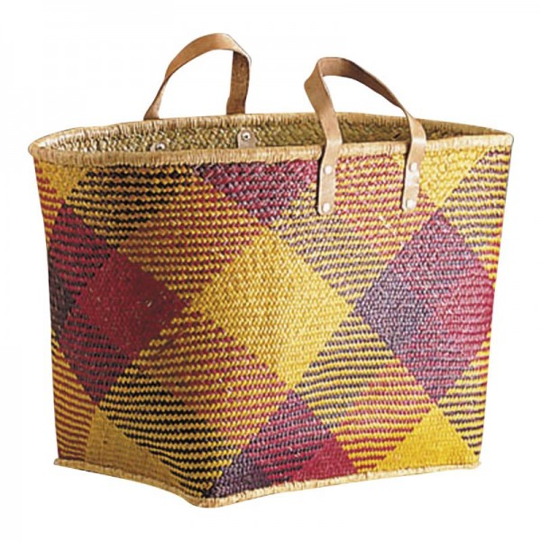 Panier couffin en palmier tressé avec poignées en cuir de 50 cm, idéal pour le marché.