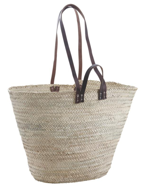 Panier cabas couffin en palmier naturel tressé à la main de 70 cm avec bandoulières et poignées en cuir