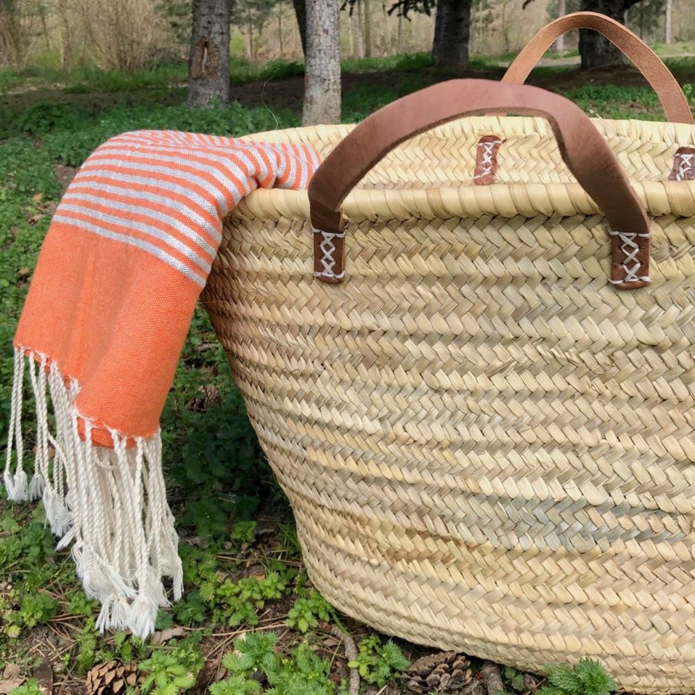 Panier Couffin Palmier Naturel + Poignées Cuir 65 cm