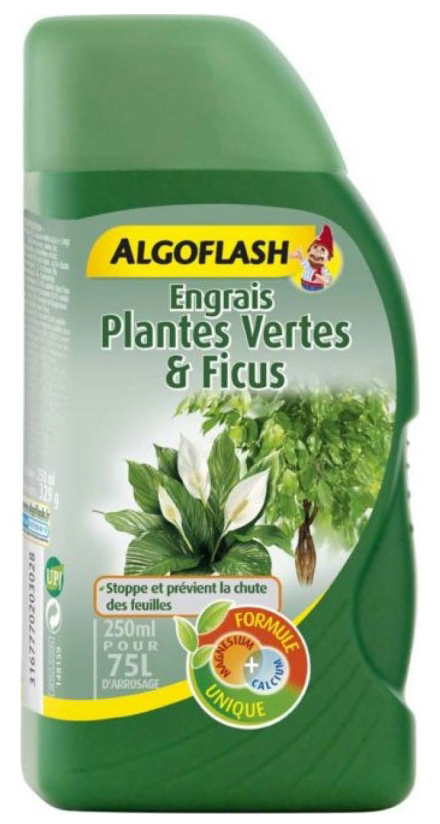 Engrais liquide Algoflash 250 ml pour plantes vertes en bouteille, avec bouchon doseur.