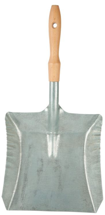 Pelle à poussière en métal zingué avec manche en bois, robuste et pratique pour le ménage.