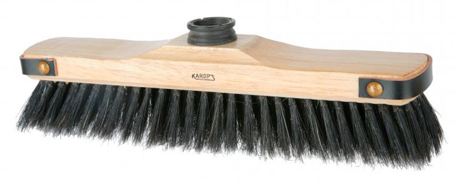 Balai droit KAROP'S en bois ciré avec soies noires de 30 cm, idéal pour le nettoyage intérieur.