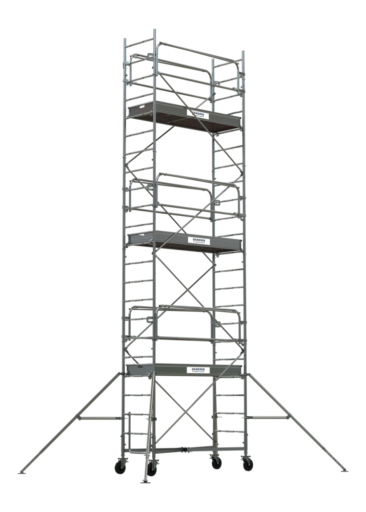 Échafaudage roulant en acier Generis 750/3 avec plancher de 7.2m, évolutif et mobile pour travaux de chantier.