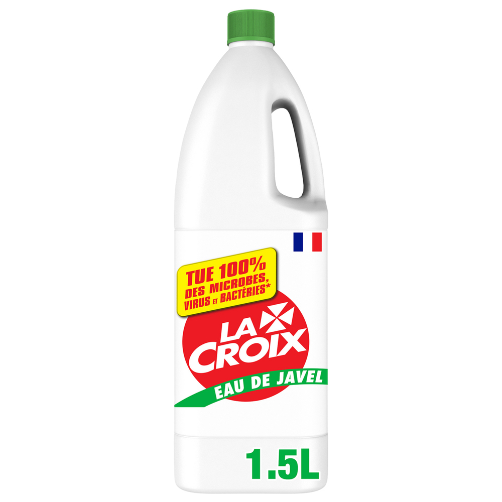 Bouteille d'Eau de Javel Désinfectante 1.5L pour une désinfection puissante et hygiène ménagère.