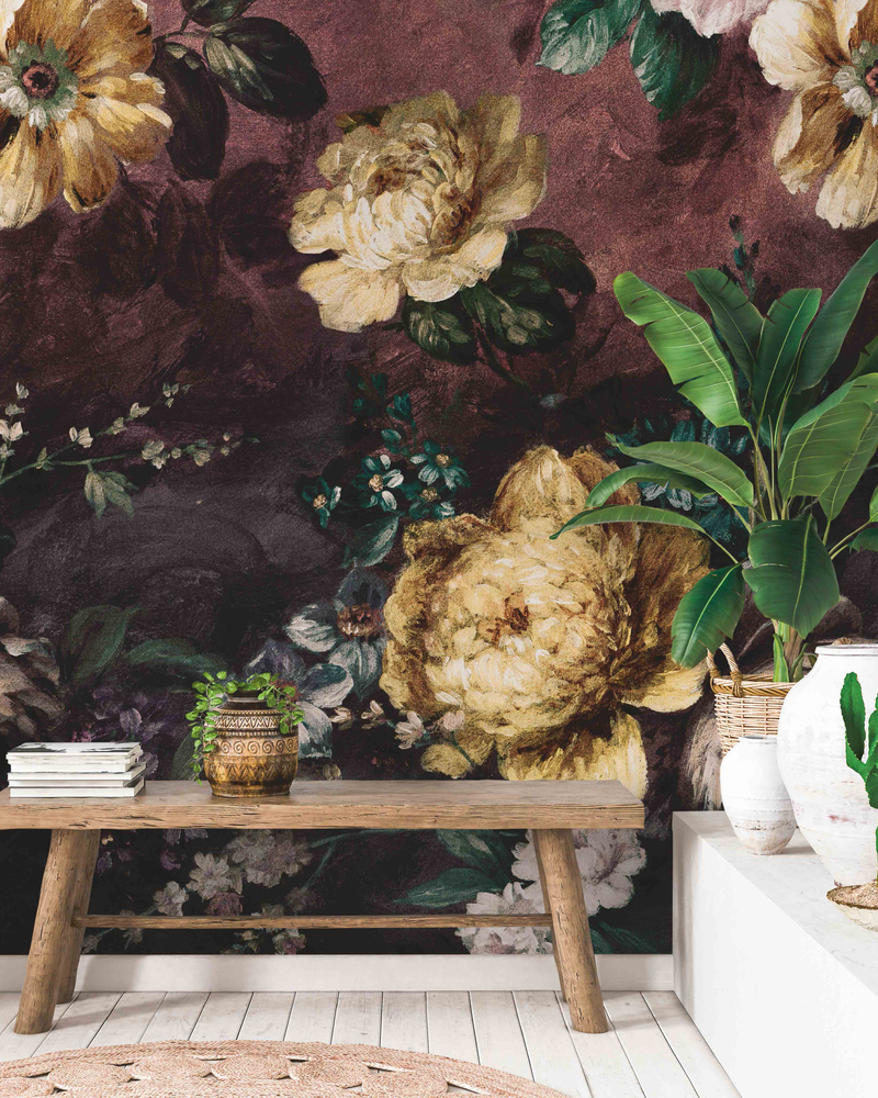 Papier peint panoramique A52001 motif Painted Flowers représentant des fleurs peintes et colorées, en 3 lès de 159 x 280 cm