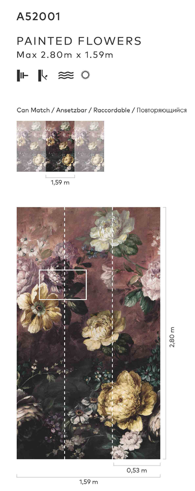 A52001 Papier Peint Panoramique Painted Flowers 3 Lès 159 x 280 cm