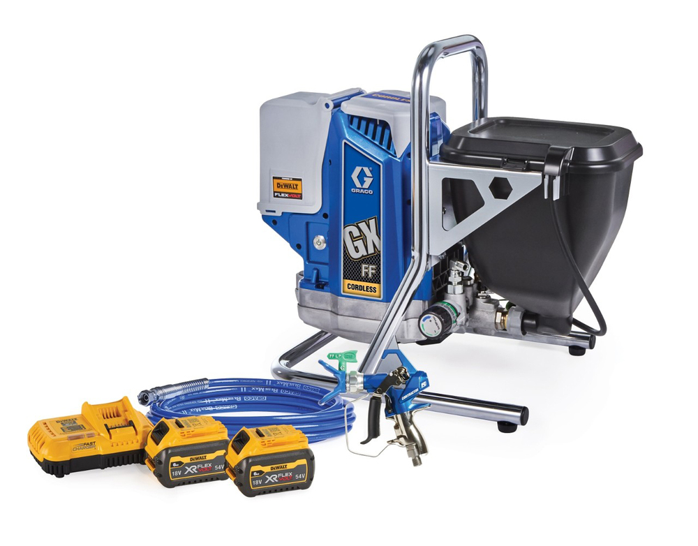 Pulvérisateur Airless Portatif GX FF pour peinture, avec 2 batteries, un chargeur et un sac de transport.