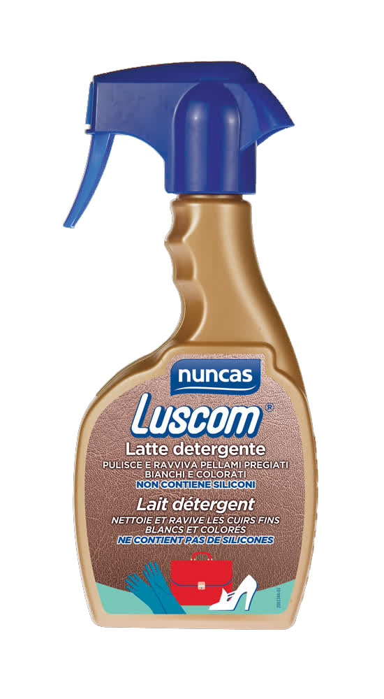 Lait détergeant cuir Luscom en flacon vaporisateur 300 ml pour l'entretien et la protection du cuir.