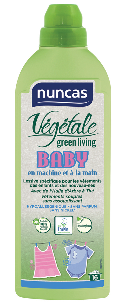 Bouteille de lessive liquide hypoallergénique végétale Baby de 750 ml, conçue pour le linge délicat des bébés.