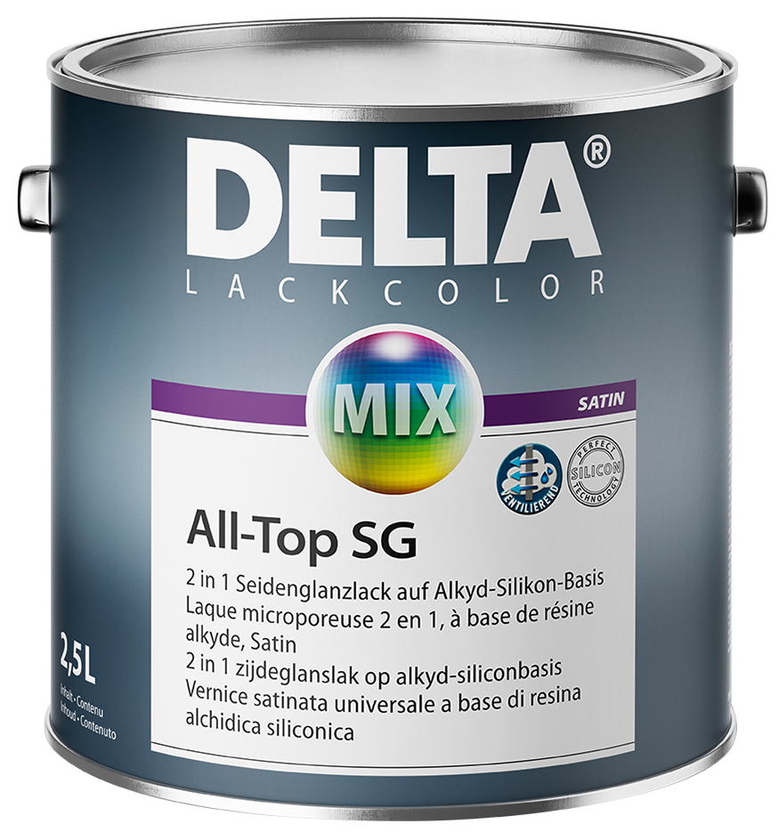 Laque Delta All-Top SG Satin pour intérieur et extérieur, finition satinée longue durée.