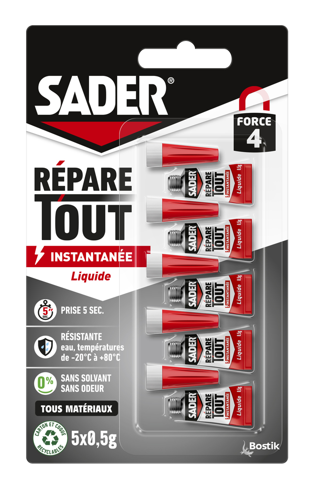 Colle cyanoacrylate Répare Tout Instantanée Liquide, pack de 5 mini tubes de 0.5g pour des réparations rapides et solides.
