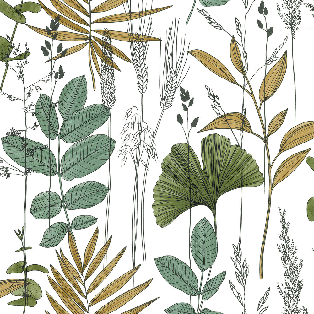 51210304 Papier Peint Vinyle sur Intissé Graminées Exotique Vert Marron