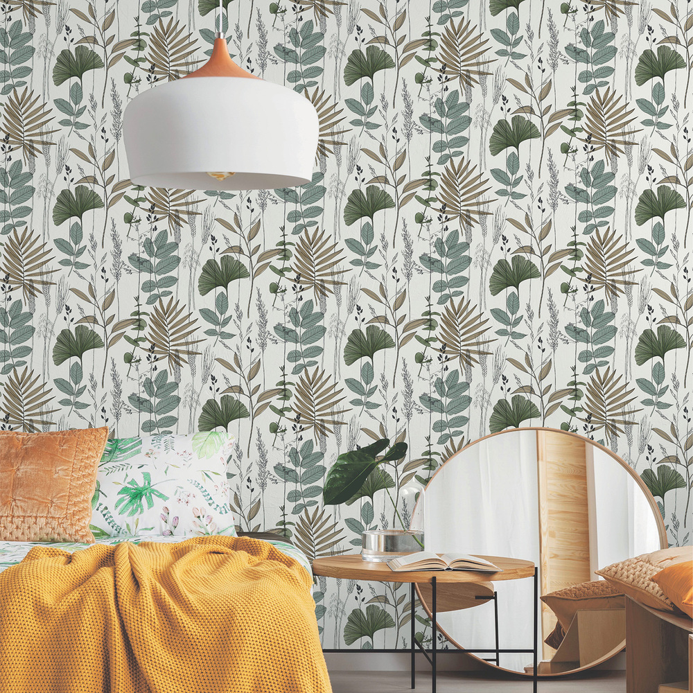 51210304 Papier Peint Vinyle sur Intissé Graminées Exotique Vert Marron