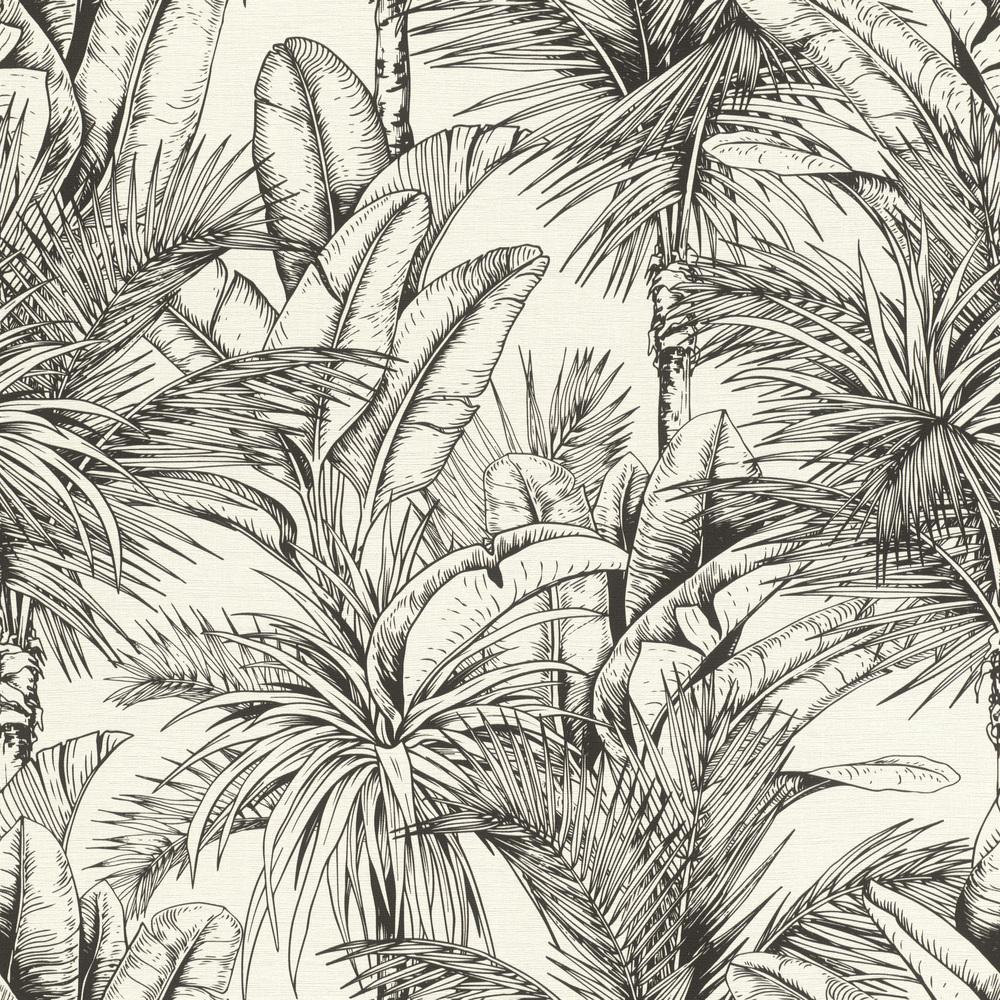 Papier Peint Vinyle Motif Tropic XXL Blanc Noir avec palmiers et feuillages exotiques