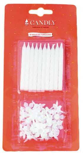 Bougies d'anniversaire blanches fines en blister de 20 pour gâteau