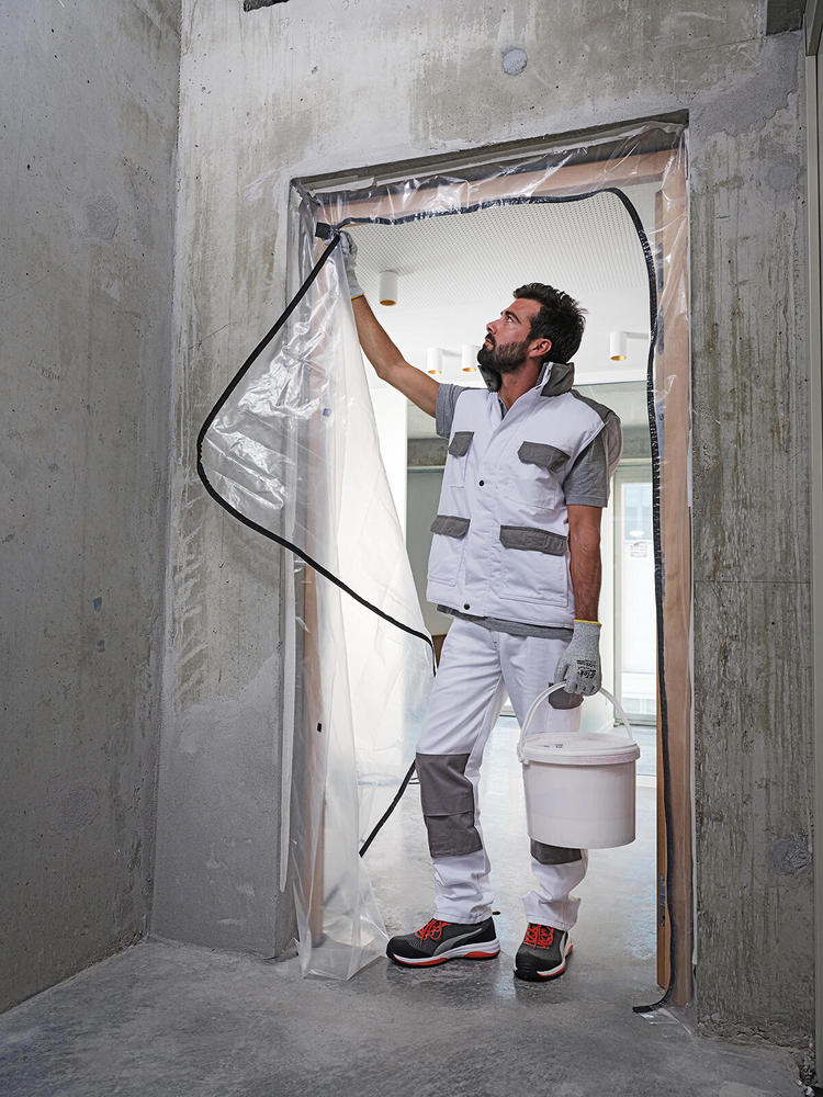 Bâche de Protection Zippée Pour Porte robuste et imperméable, idéale pour chantier et l'isolation des zones de travail.