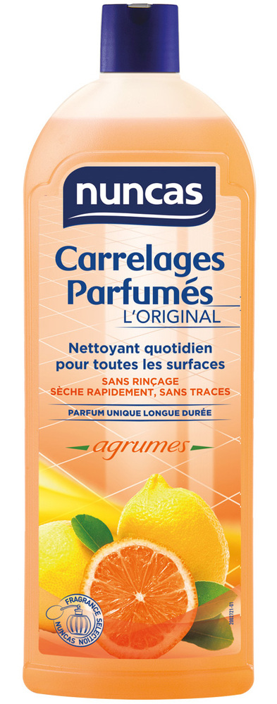 Bouteille de Nettoyant Carrelages Parfumés Agrumes 1L, idéal pour l'entretien des sols durs et carrelages, avec un parfum frais d'agrumes.