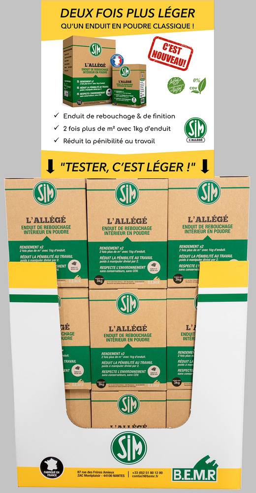 Enduit de rebouchage L'Allégé 3 kg, lot de 30 boîtes, formule légère pour reboucher trous et fissures en intérieur