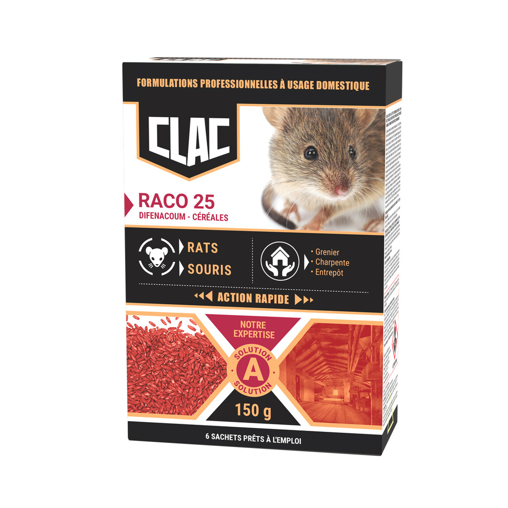 Clac Raticide Polyvalent Grains d'Avoine Rat et Souris Boîte de 150g TP14