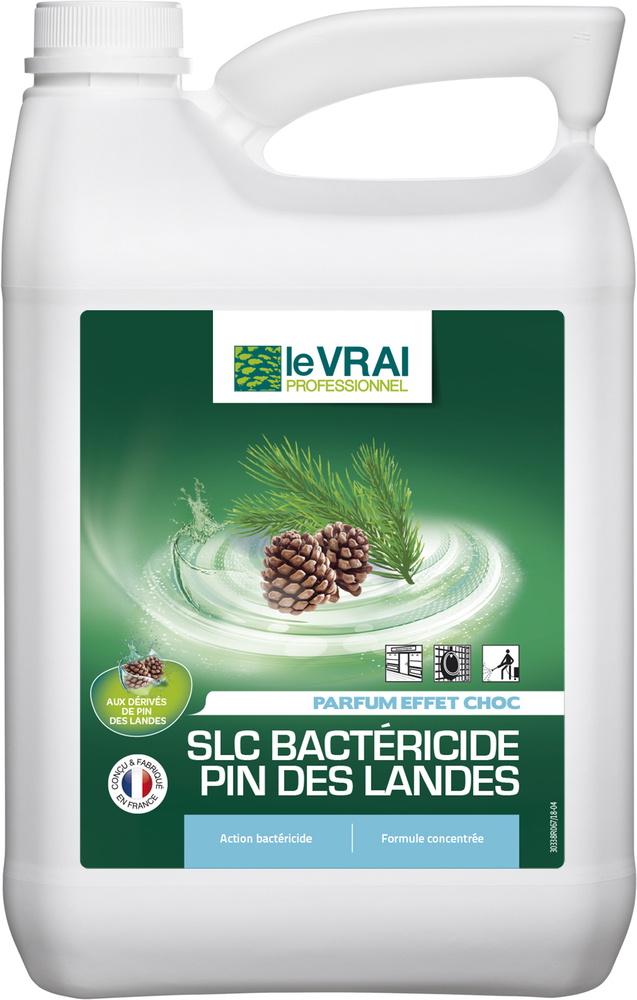 Bidon de 5 litres de surodorant désinfectant bactéricide SLC parfum Pin des Landes pour l'entretien et l'hygiène générale.