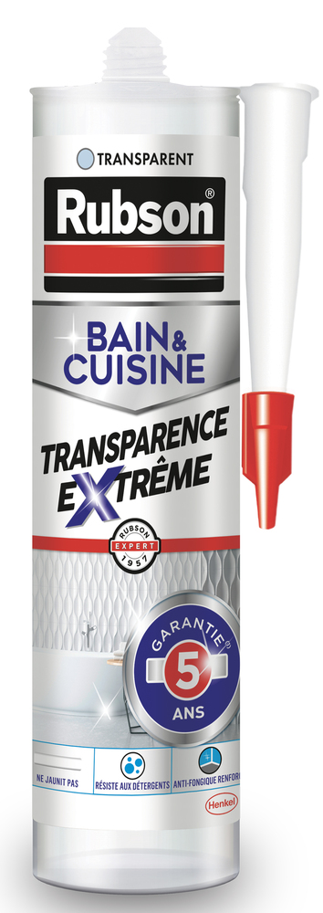Mastic en cartouche Bain & Cuisine Transparence Extrême 280 ml pour étanchéité des joints sanitaires.