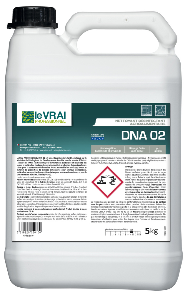 Nettoyant désinfectant agroalimentaire DNA 02 en bidon professionnel de 5 kg