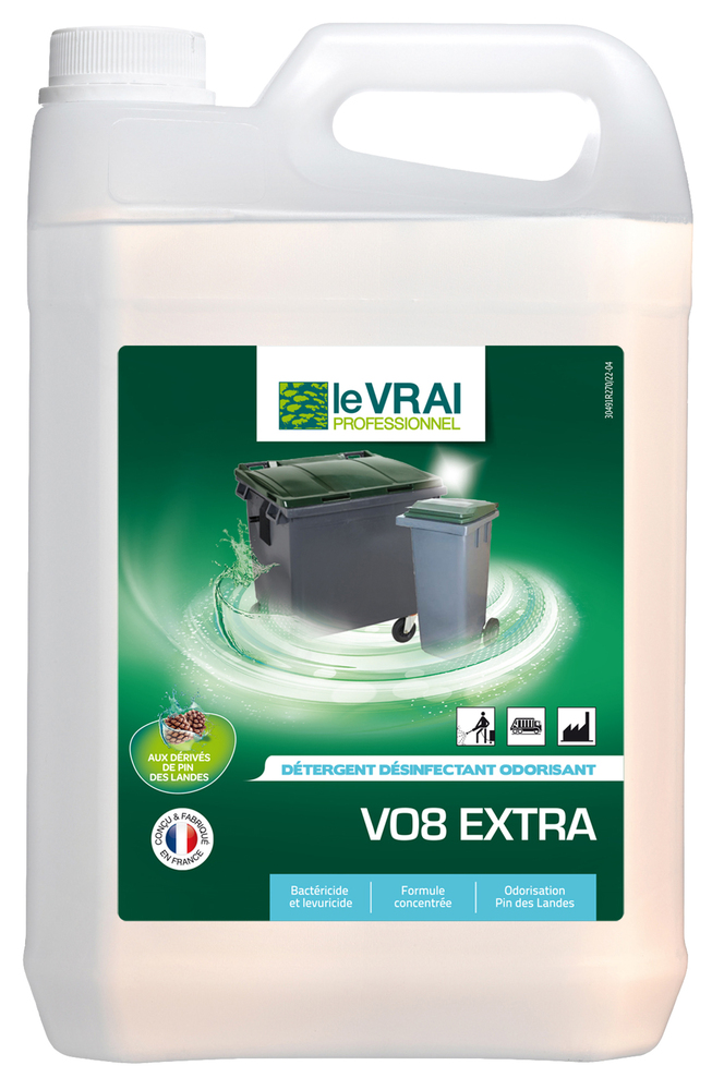 Bidon de 5L de détergent désinfectant odorisant VO8 Extra TP2, pour l'hygiène générale avec parfum frais.
