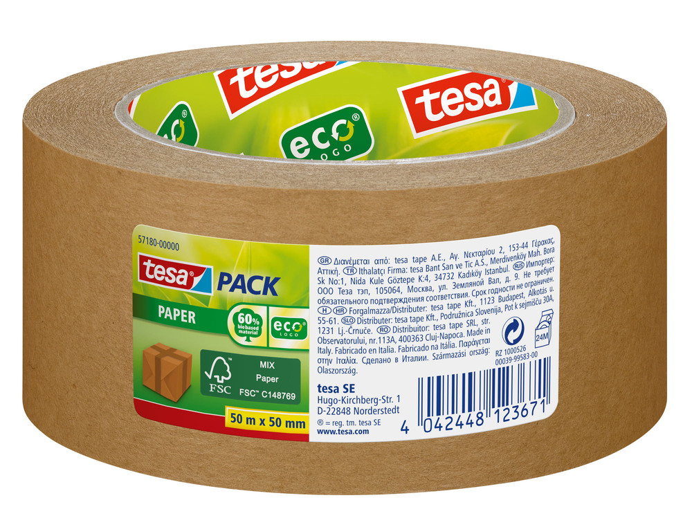 Ruban adhésif papier kraft EcoLogo marron 50 m x 50 mm pour emballage écologique