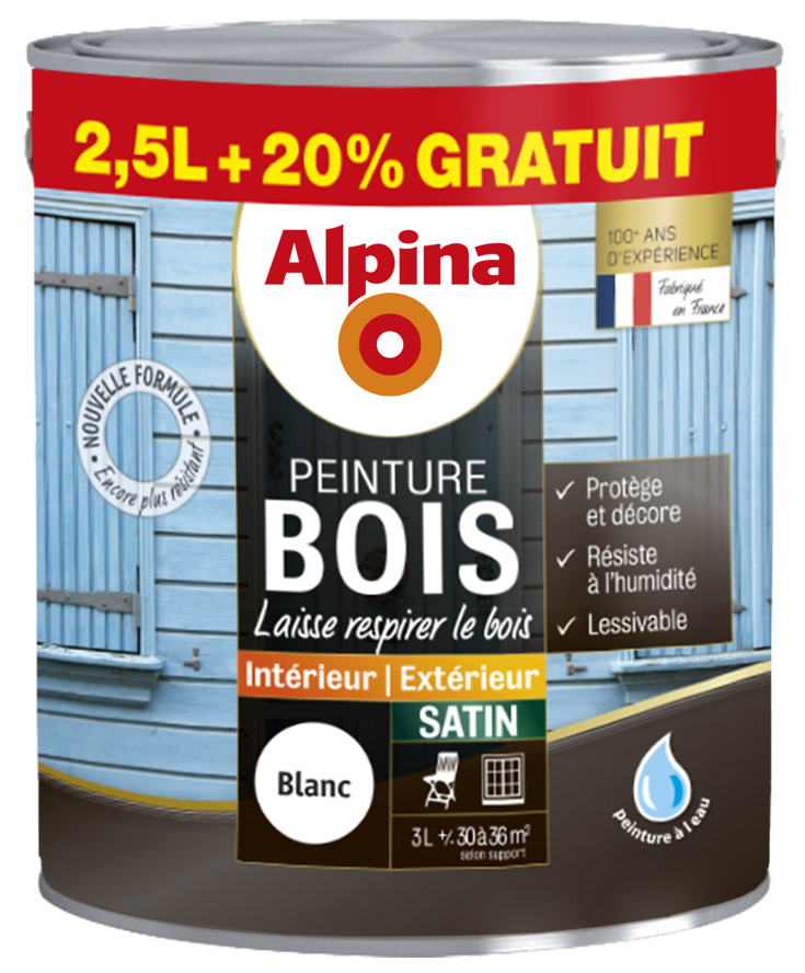 Peinture Bois Microporeuse Satin Blanc 2,5L +20% Gratuit