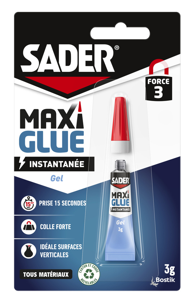 Colle cyanoacrylate Sader Maxiglue Universel Gel 3 g en tube, pour fixations rapides
