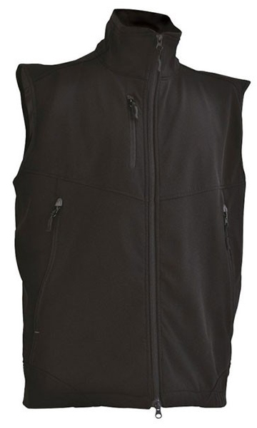 Gilet de travail sans manches Ventoux noir avec multiples poches et fermeture éclair robuste pour le bâtiment.