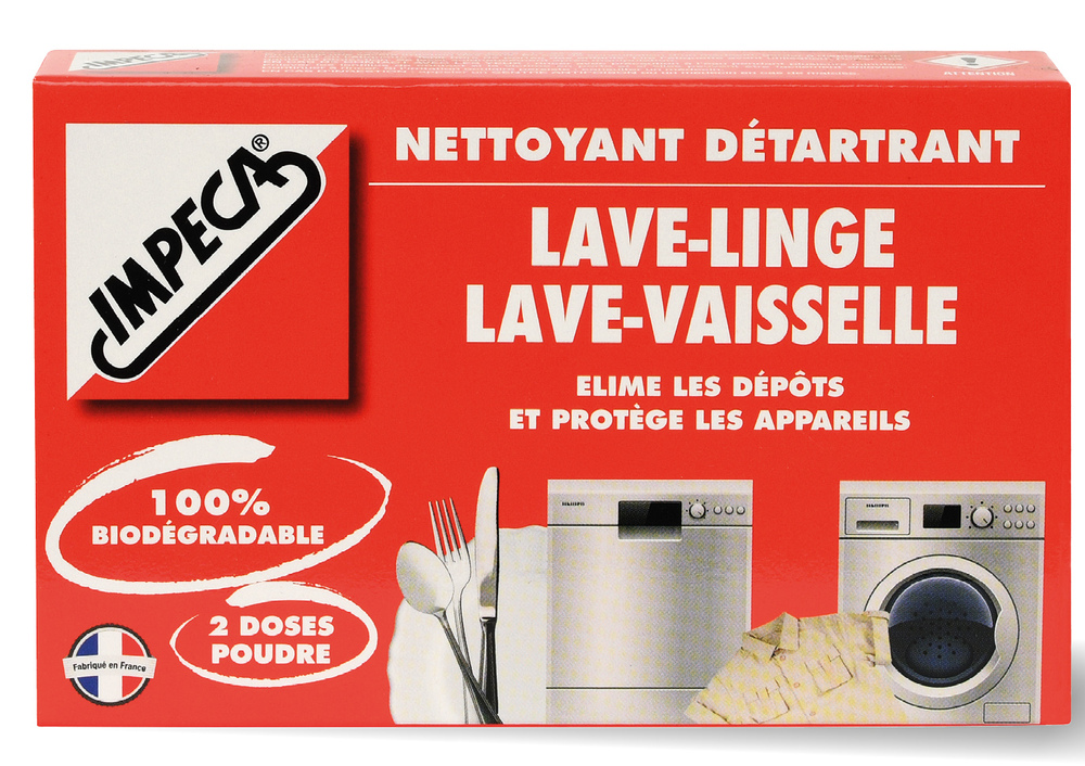 Nettoyant détartrant en poudre 2 doses pour lave-vaisselle et lave-linge, action anti-calcaire