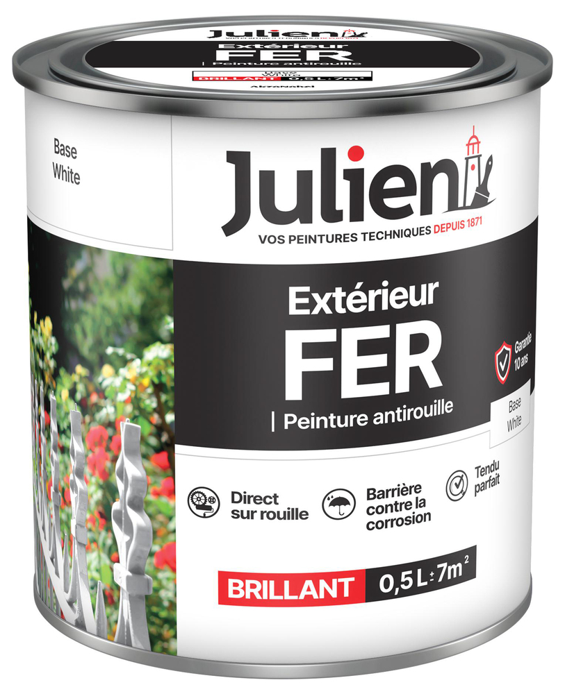 Pot de peinture extérieure antirouille pour fer et métaux Base White, protection durable.