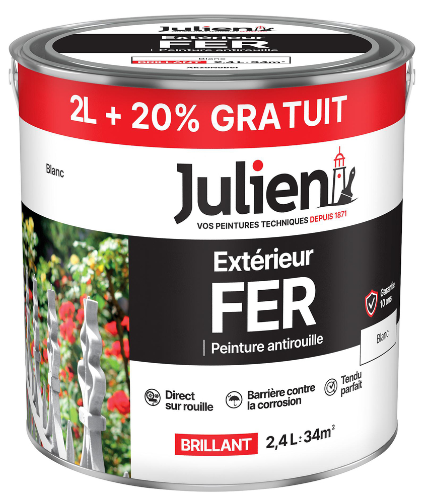 Pot de peinture Extérieur Fer Antirouille 2L+20%GRATUIT pour protéger les métaux extérieurs.