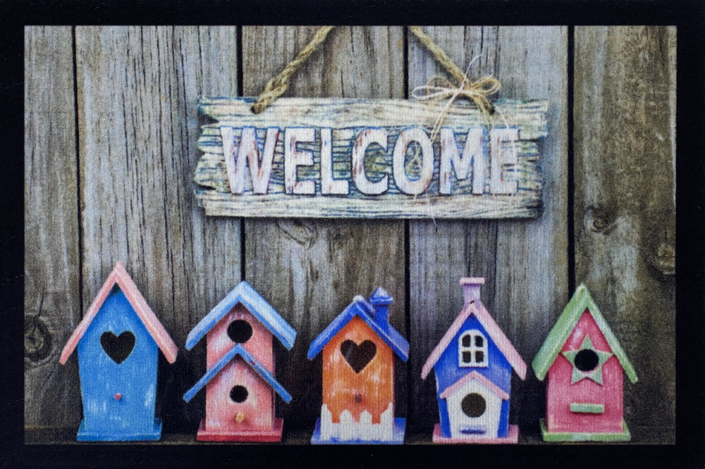 Tapis d'entrée anti-poussière gris 40x60 cm avec motif nichoirs et inscription Welcome