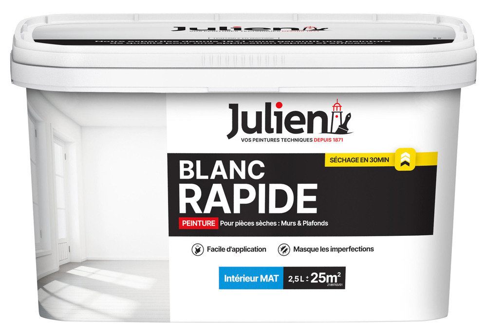 Peinture intérieure murs et plafonds Blanc Rapide Mat séchage rapide pour une finition impeccable.
