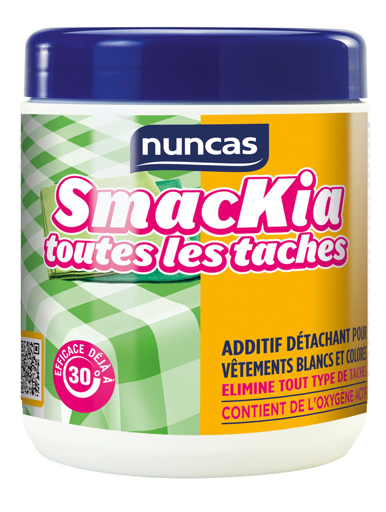 Additif détachant textile en poudre Smackia Toutes Tâches Blanc et Couleurs 600g