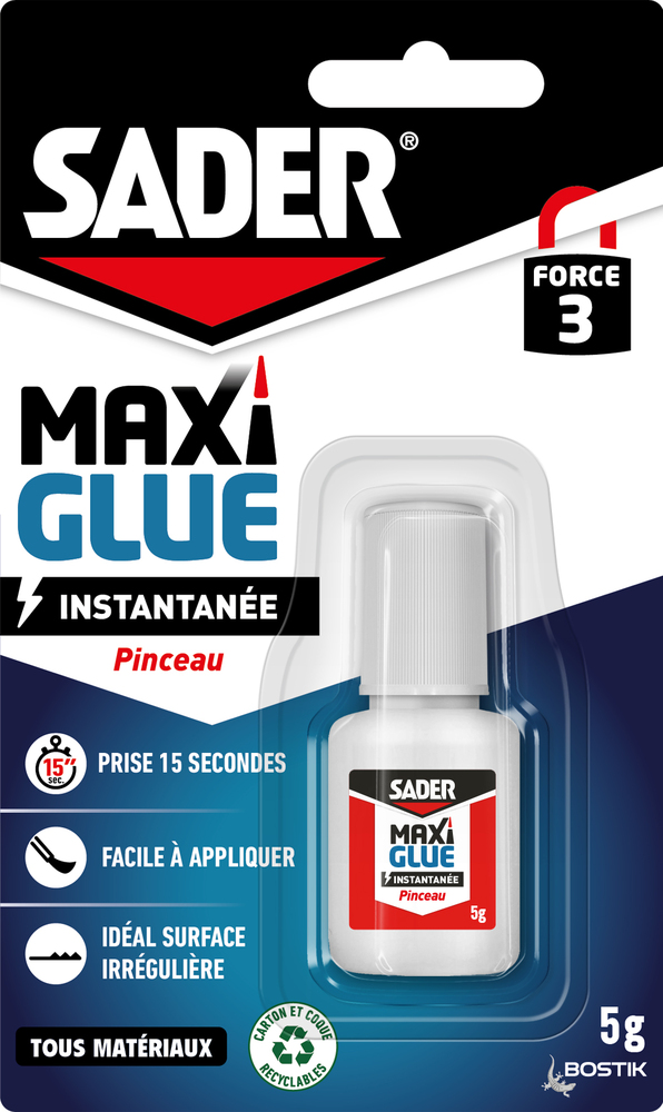 Colle cyanoacrylate Sader Maxiglue Instantanée 5g avec pinceau applicateur pour une application précise