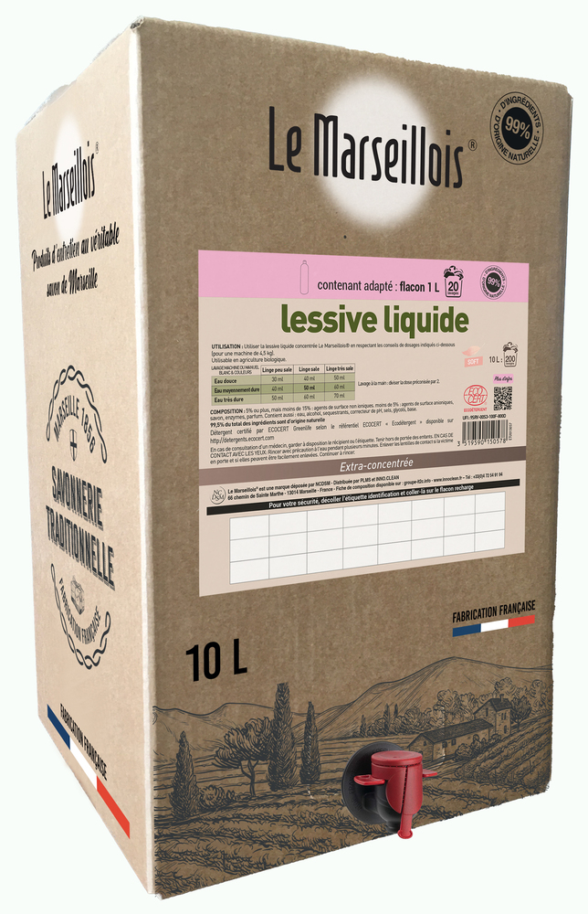 Lessive liquide Savon de Marseille Ecocert en Bib 10L avec robinet.
