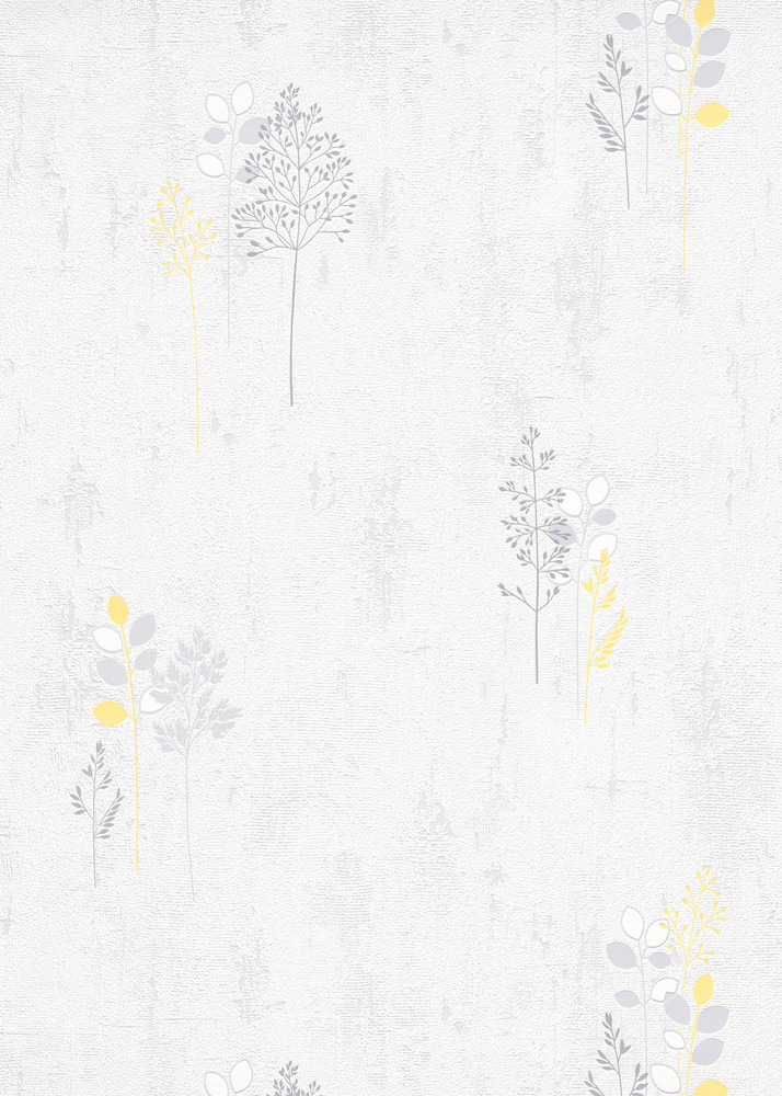 Papier peint vinyle expansé sur papier motif feuillage gris et jaune avec effet texturé, référence 40127.