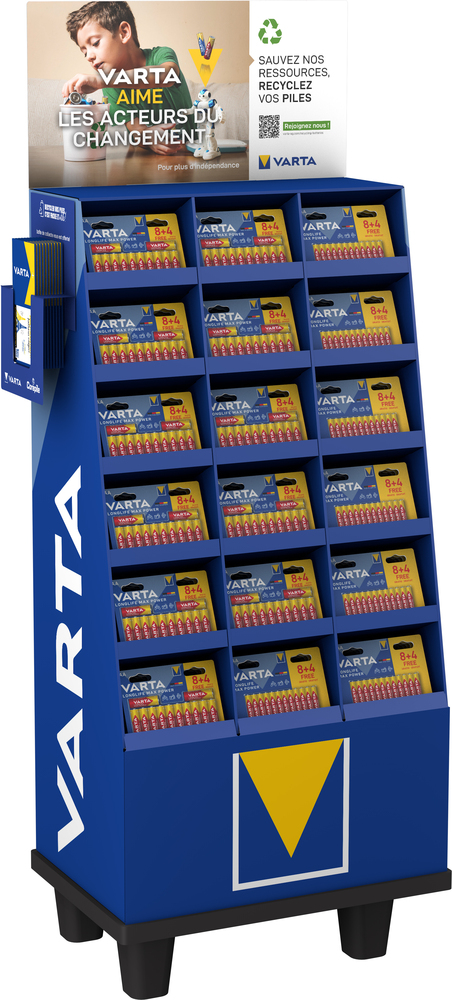 Meuble Présentoir de 201 Blisters 8 Piles Longlife Max Power + 4 Gratuites AA/AAA