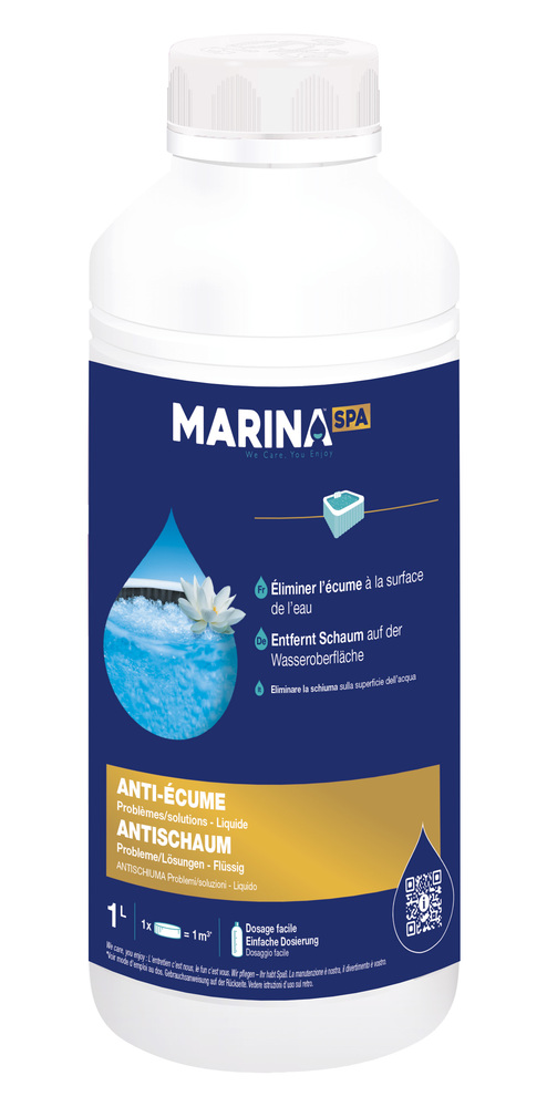 Flacon d'Anti Écume Liquide Pour Spa 1L, produit d'entretien pour l'élimination de la mousse dans les spas.