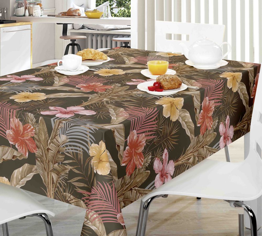 Toile cirée Hibis Marron 140x240 cm sur cintre, motif floral, facile d'entretien