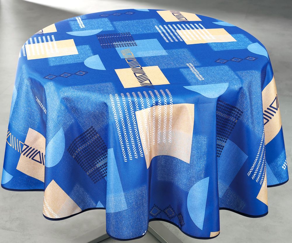 Nappe ronde en polyester Tessa bleu paon de 160 cm de diamètre, présentée sur cintre