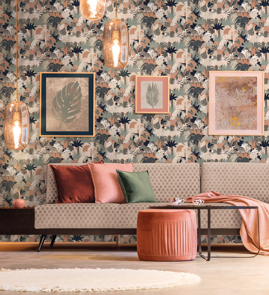 3530 - Papier Peint Vinyle Grainé Sur Intissé Motif Tropical Forest Beige Gris Bleuté