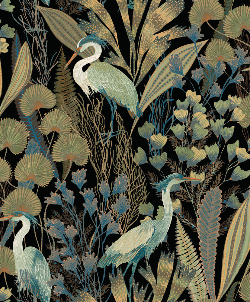 Papier peint vinyle grainé sur intissé à motifs tropicaux avec grues bleues