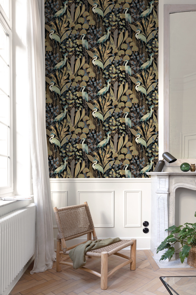 A63201 - Papier Peint Vinyle Grainé Sur Intissé Tropical Cranes Bleu