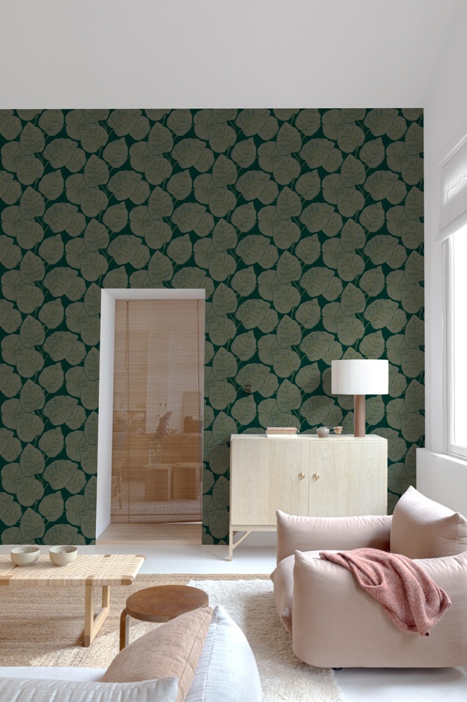 A63502 - Papier Peint Vinyle Grainé Sur Intissé Feuille Dorée Vert