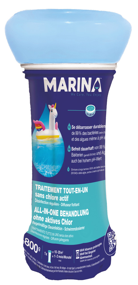 Diffuseur flottant pour piscine Traitement Tout-En-Un, grand format de 800g, pour un entretien complet et efficace de l'eau.